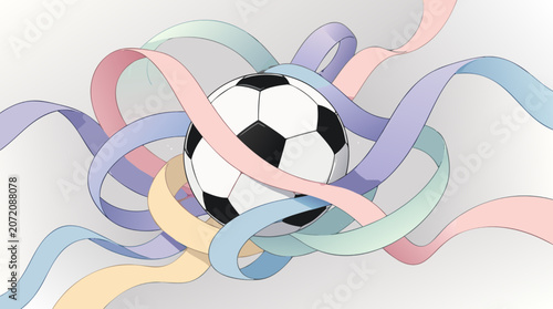 Pastel-colored ribbon streamers flowing gracefully around a soccer ball shown as a flat vector illustration on a light background, ideal for soccer celebration events, women's football tournaments, an