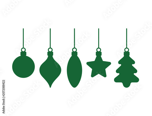 A set of five green christmas tree ornaments in various shapes isolated on a white background