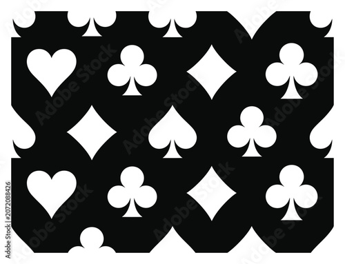 A seamless black and white pattern featuring the four classic playing card suits of hearts, diamonds, clubs, and spades
