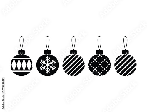 A set of five black and white christmas bauble ornaments with various geometric patterns and snowflake for holiday decor