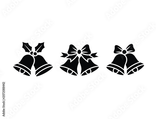 A set of three black silhouette christmas bell with decorative bows and holly leaves isolated on a white background