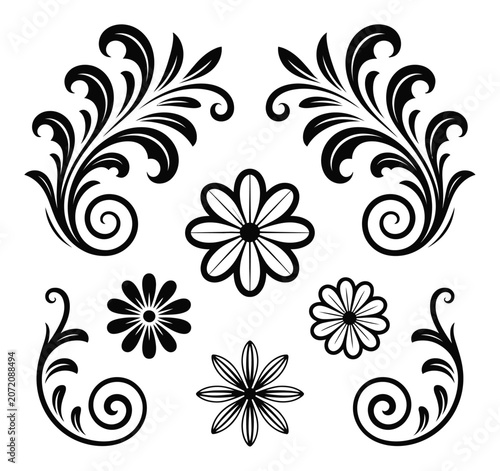 Decorative black and white floral swirls and flower set for