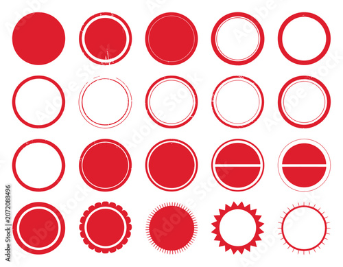 Collection of various red circular stamp frames, seals, and badge isolated on a white background