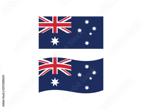 Two variations of the australian national flag featuring a flat and a waving isolated on a white background