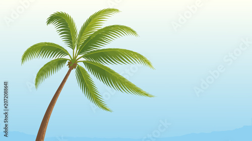 A tall green tropical coconut palm tree bending gracefully in the wind against a soft blue gradient sky shown as a flat vector illustration on a light background, perfect for travel agency promotions,
