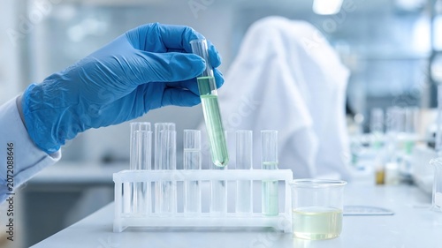 Scientist in blue gloves holding a test tube with green liquid in a