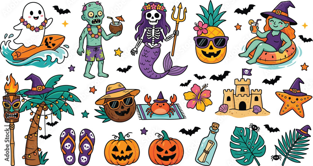 Obraz premium Illustrations of spooky halloween characters enjoy a fun day at a tropical.