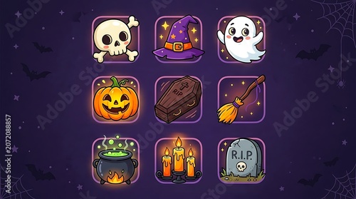 Cute Halloween Icon Set With Spooky Characters And Objects illustration