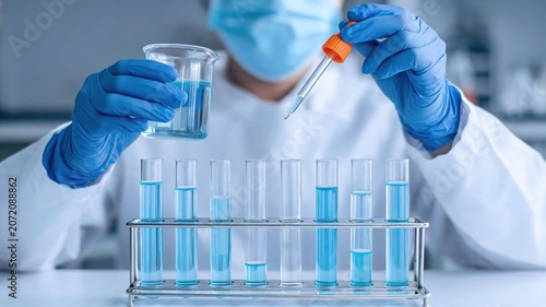 Scientist in lab pouring blue liquid into test tubes with beaker