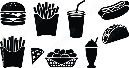 Obraz na plátně Black and white fast food including burgers, hot dogs, fries, and drinks