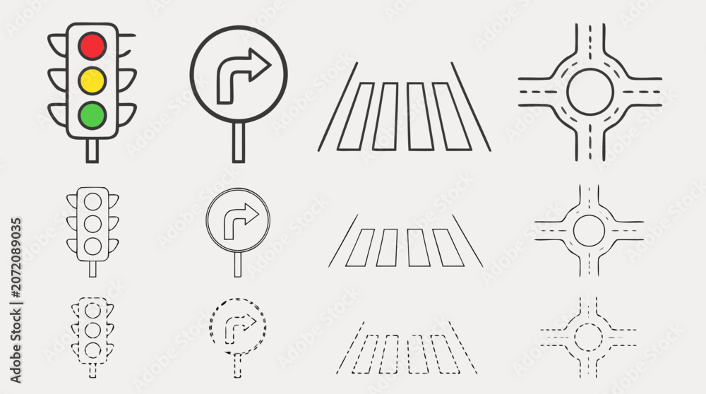 Fototapeta premium Clean flat vector illustration of traffic light, turn sign, crosswalk and roundabout road icons on a light background for transport signage or urban planning design.