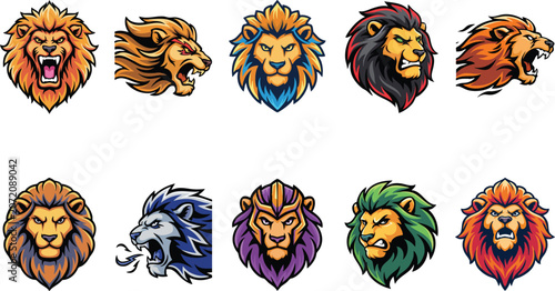 Colorful lion mascot head pack with fantasy themes including ice blue and forest green mane for modern esports branding.