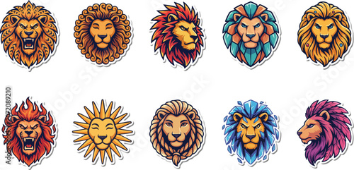 Collection of diverse lion head mascot designs with colorful artistic themes including fire ice and decorative ornaments.