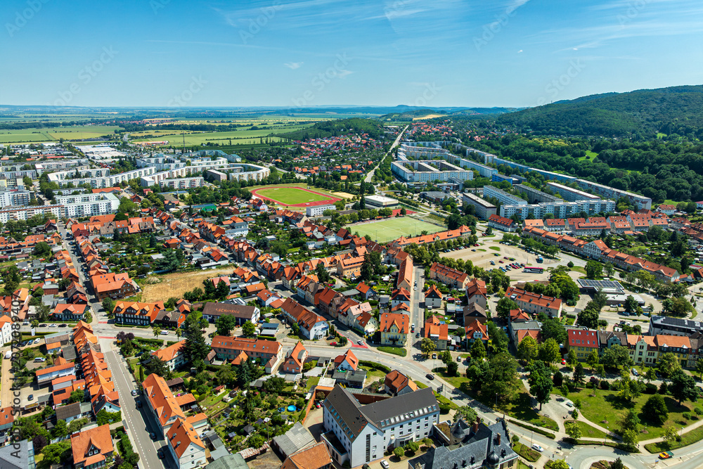 Fototapeta premium Drone Aerial view of Wernigerode city center with Burgbreite and Stadtfeld districts in the Harz Region, Saxony-Anhalt, Germany