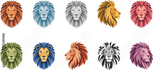 Diverse color palette lion head icons featuring flat geometric profiles and solid shades for minimalist graphic projects.