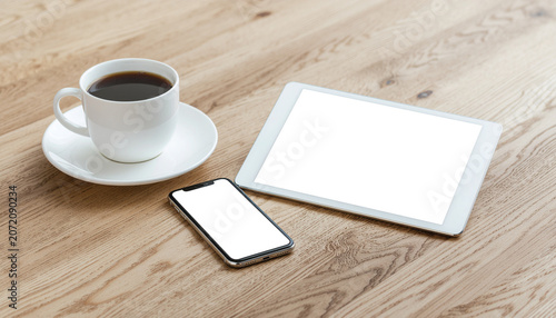 Transparent Screen Device Mockup Set with Tablet and Smartphone on Wood Table