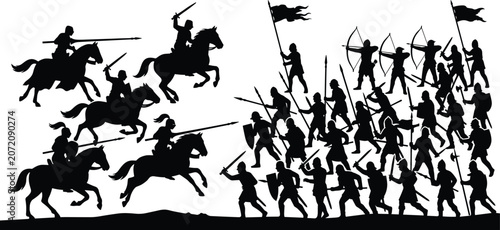 Photography Medieval battle scene, knights on horseback charging infantry, silhouette horses