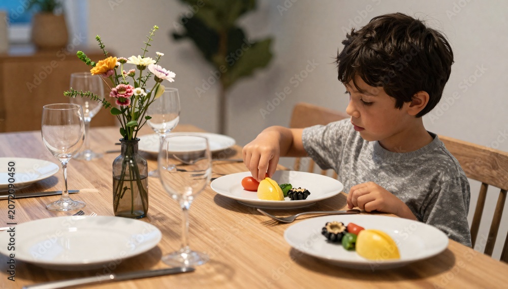 Fototapeta premium Young boy meticulously arranges food on his plate at the dining table