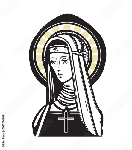 Tableau sur toile A stylized black-and-white icon of Saint Hildegard of Bingen (1098-1179), shown as a solemn medieval abbess with veil, halo, and cross