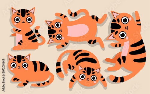Cute Flat Cartoon Cat Characters in Various Poses Set