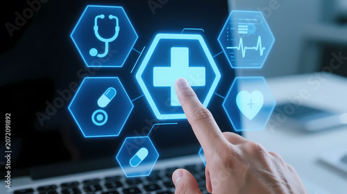 Finger touching floating blue medical cross icon