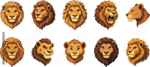 Diverse lion and lioness heads in various artistic styles including cub and adult characters for educational animation.
