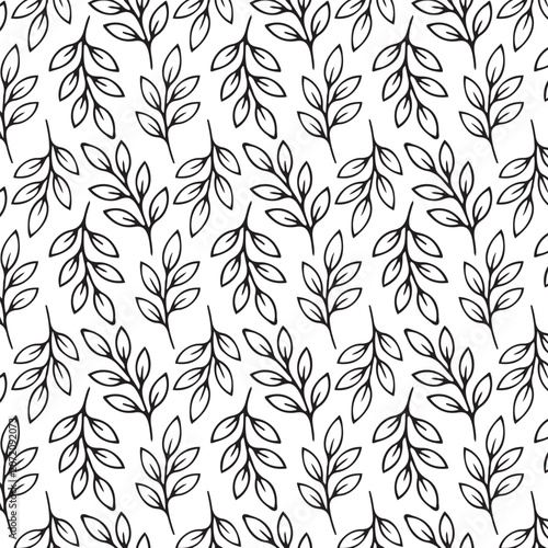 Black and White hand drawn geometric leave branch seamless pattern.
