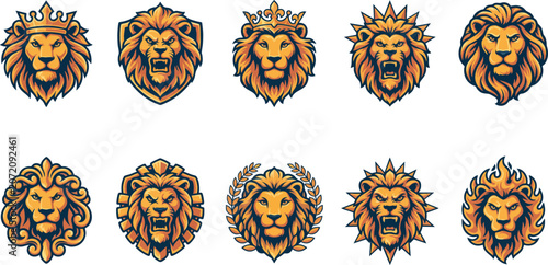 Golden lion head mascot set featuring crowns shields and geometric frames for high quality premium luxury brand identity.
