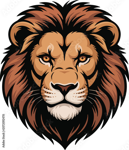 Graphic illustration of stylized lion head mascot for sport team branding featuring bold lines and professional vector art.