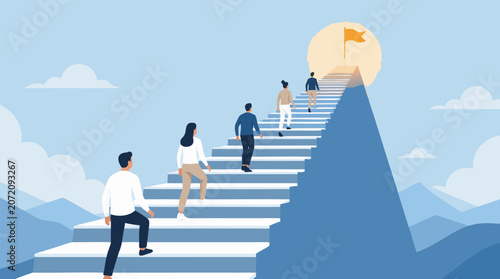 Clean flat vector illustration on a light blue background showing business people climbing a stairway toward a flag goal, ideal for success, leadership, and career growth concepts.