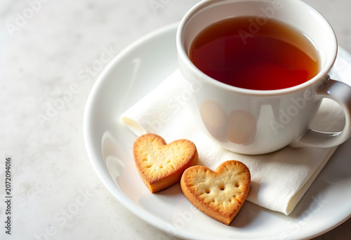 A white plate with two small heart-shaped cookies, a napkin, and a cup of tea. Soft light. Space for text.