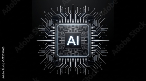 Digital AI processor chip icon with circuit network on transparent background