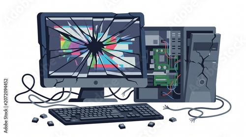Broken Desktop Computer with Cracked Screen and Damaged System Unit Illustration