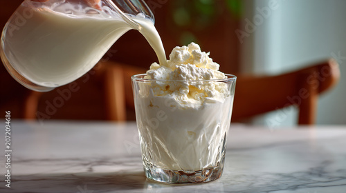 Creamy milk pouring into a glass of whipped cream with beverage, refreshing