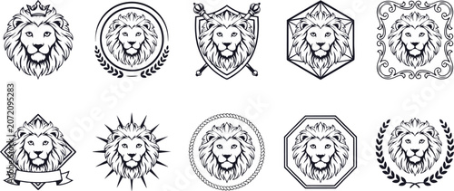 Lion head vector collection in black and white emblem style featuring heraldic crests and majestic animal face symbols.