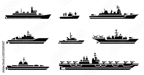 Принти на полотні A collection of black silhouette representing various types of military naval wa