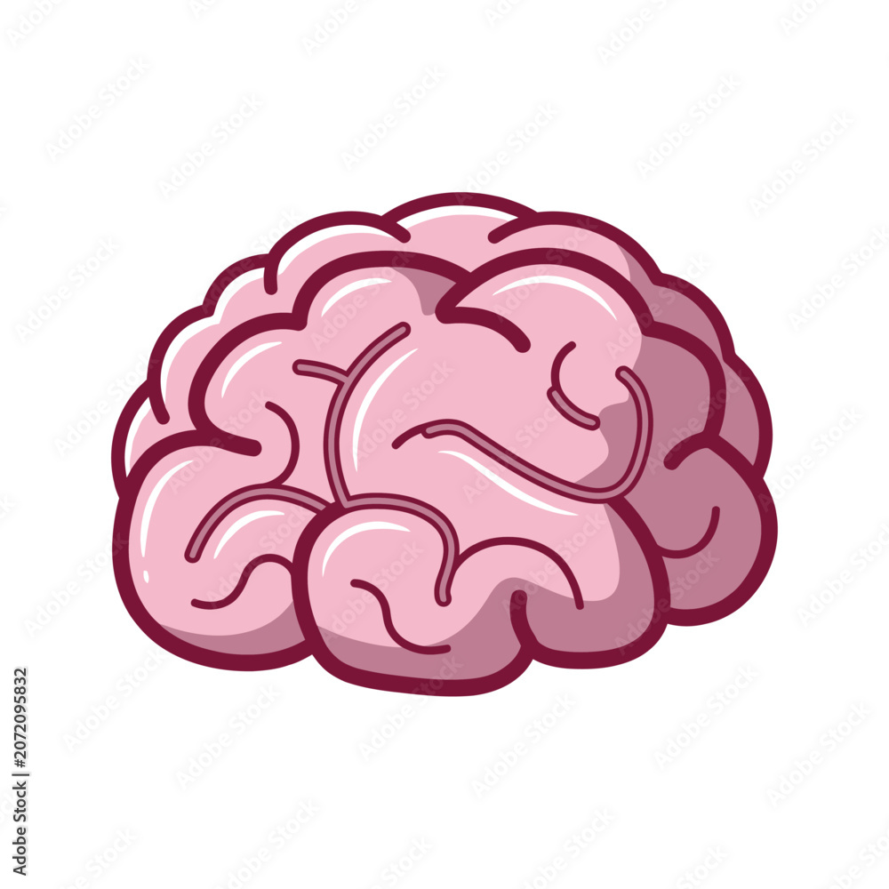 Obraz premium A cartoon illustration of a pink brain with red outlines on a white background