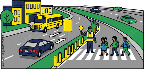 School crossing scene with vehicles and pedestrians vector illustration
