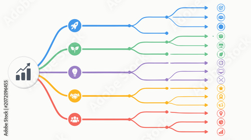 Clean flat vector illustration on a light background showing a colorful business growth roadmap with branching strategy lines and icons for planning presentations.