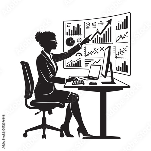Business Woman Analyzing Data: A silhouette of a professional business woman in a suit sits at her desk, intently analyzing complex data visualized on a large curved screen and computer monitor.
