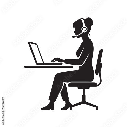 Customer Service Agent Silhouette: A silhouette of a woman with a headset works diligently at a laptop, representing customer support and professional communication.