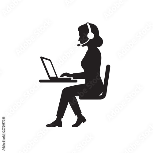 Customer Service Silhouette: A woman wearing a headset sits at a desk, typing on a laptop, embodying efficient customer support and communication.