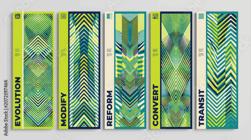 Geometric abstract banner set with green chevron patterns, modern vertical posters for evolution and reform, 5 vector graphic layouts for business
