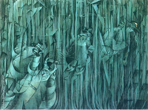 Abstract expressionist oil painting with human figures in monochromatic green tones