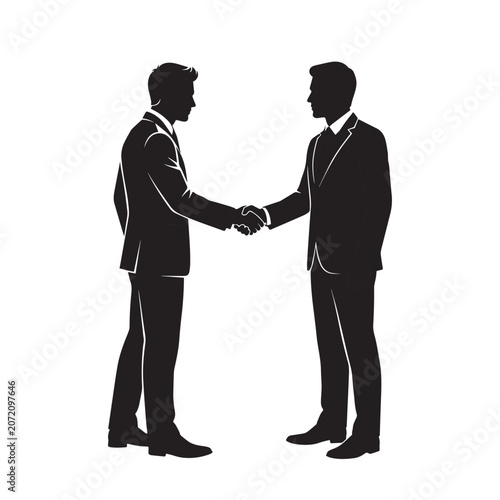 Handshake Silhouette: Two businessmen in silhouette shake hands, symbolizing a successful deal, partnership, or agreement. A clean and professional representation of business connection.