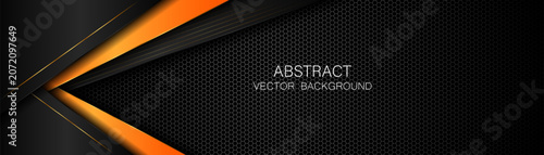 Abstract geometric shapes in black and orange on a dark steel mesh background with blank space for design.