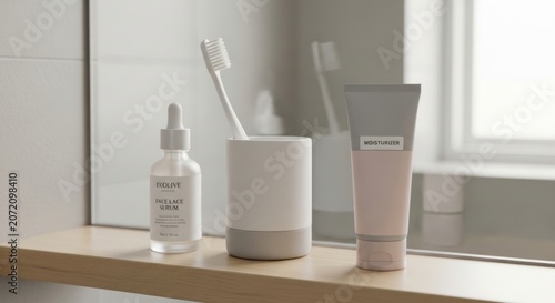 Skincare set with serum and moisturizer on bathroom shelf. Daily facial routine products for women wellness. Cosmetic bottle and cream tube for healthy skin care and hygiene concept.