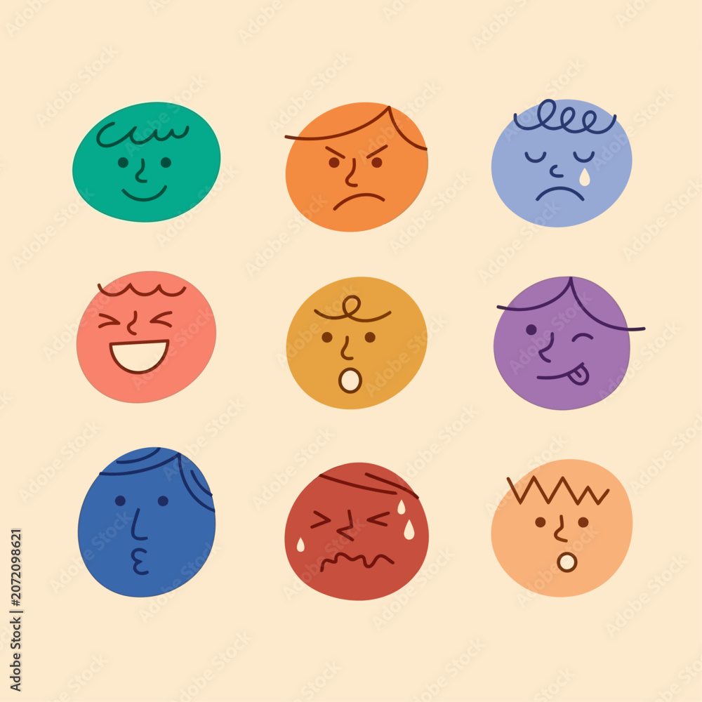 Obraz premium A digital illustration of various emotive faces expressing different emotions in a vibrant and playful style.