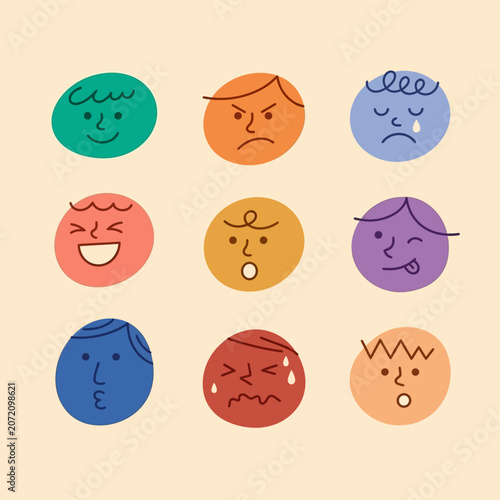 Billede på lærred A digital illustration of various emotive faces expressing different emotions in a vibrant and playful style