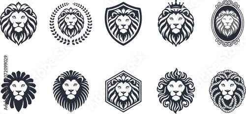 Set of monochrome lion head emblems featuring various styles including shields crowns crests and decorative frame borders.